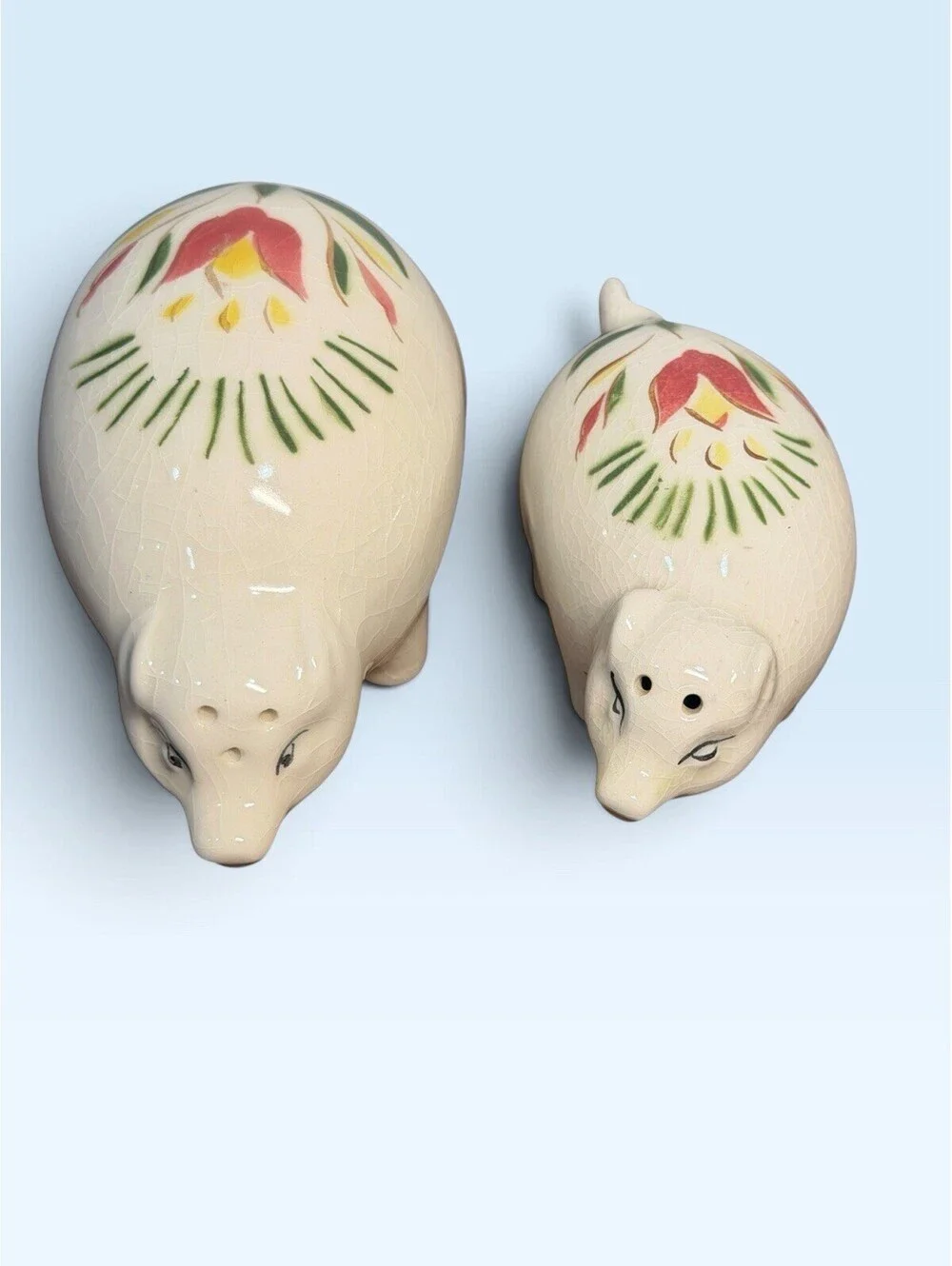 Vintage Ceramic Pig Salt & Pepper Shakers Hand Painted Mom & Baby Piglet Tulips